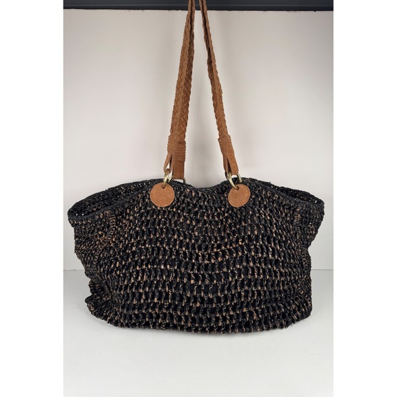 Free People Handbags - Free‎ People Getaway Tote Bag Purse Large Woven Braided Raffia Black Tan Casual